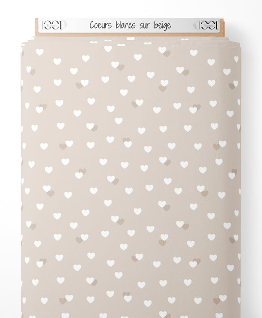 Tissu - Cœurs blancs sur beige