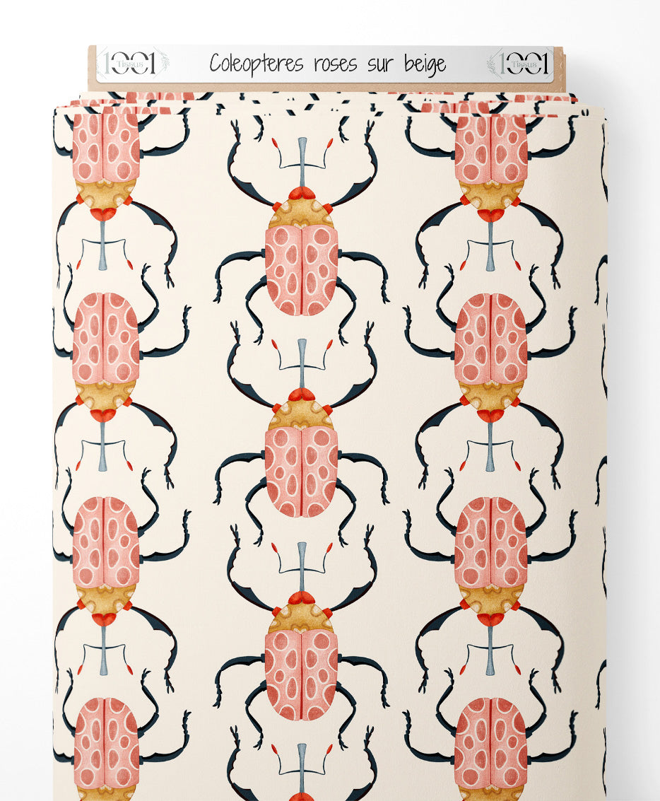 Tissu - Coléoptères roses sur beige