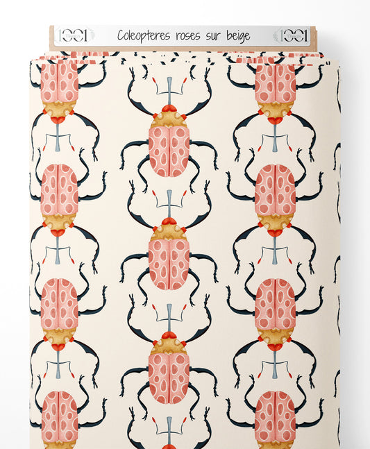 Tissu - Coléoptères roses sur beige
