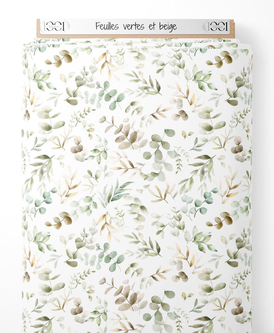 Tissu - Feuilles vertes et beige