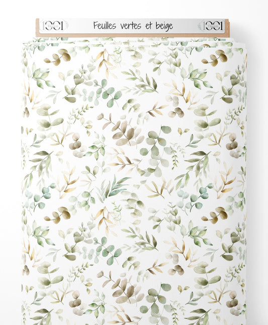 Tissu - Feuilles vertes et beige