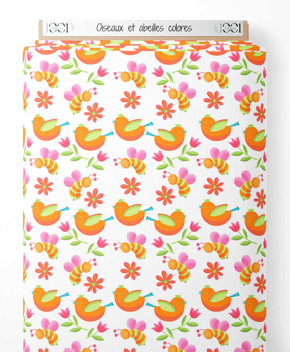 Tissu - Oiseaux et abeilles colorés