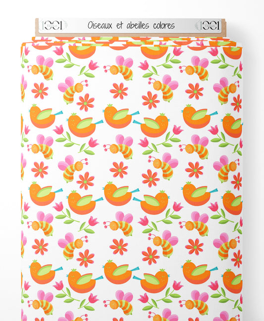 Tissu - Oiseaux et abeilles colorés