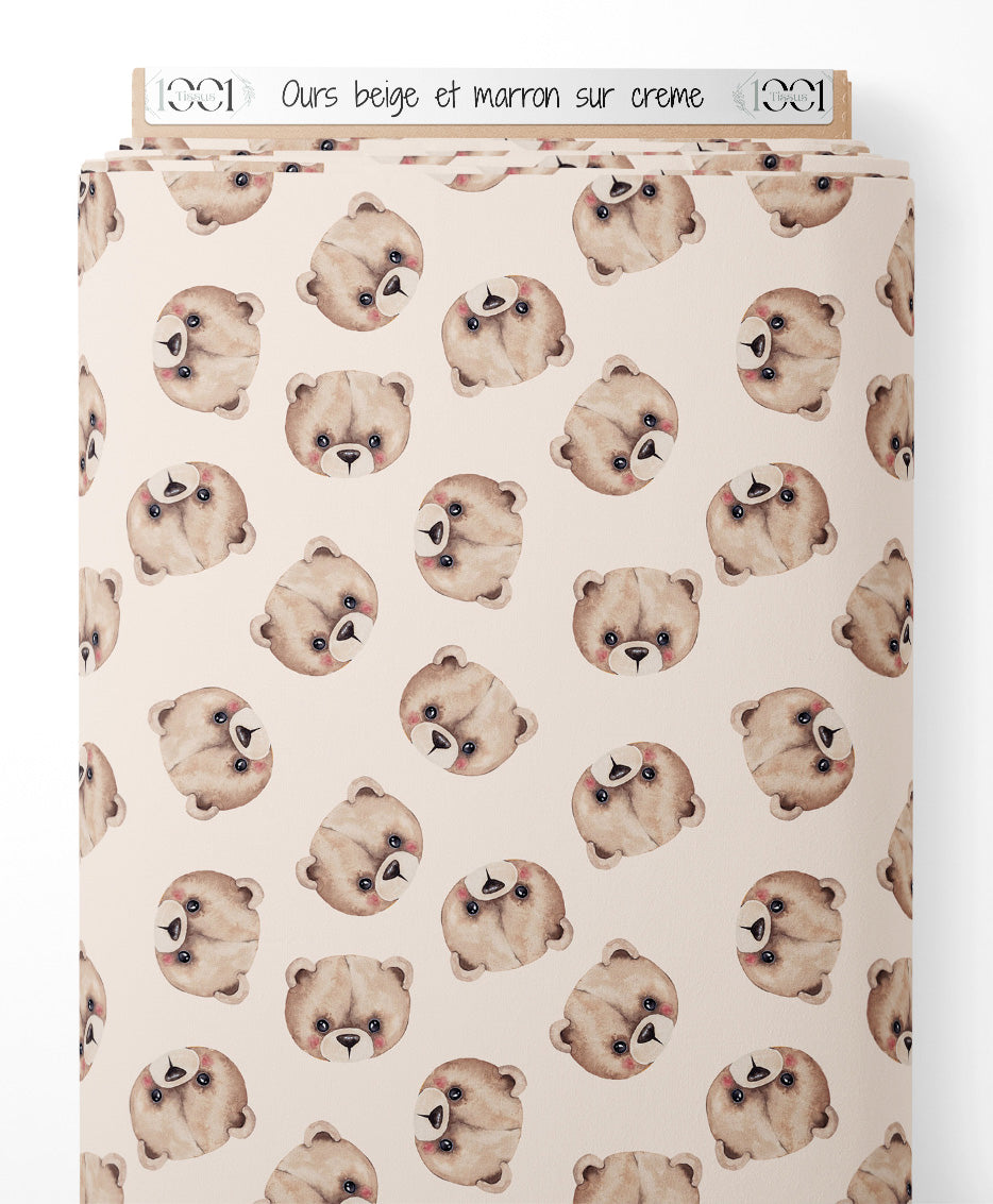 Tissu - Ours beige et marron sur crème