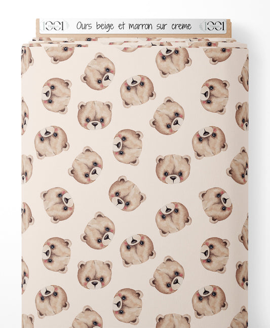Tissu - Ours beige et marron sur crème