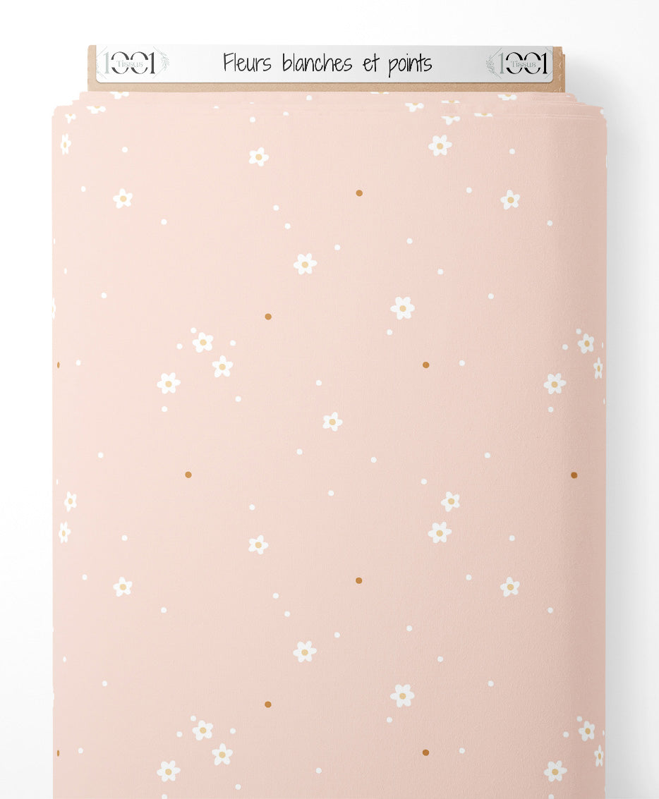 Tissu - Fleurs blanches et points