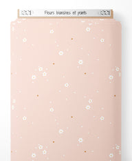 Tissu - Fleurs blanches et points