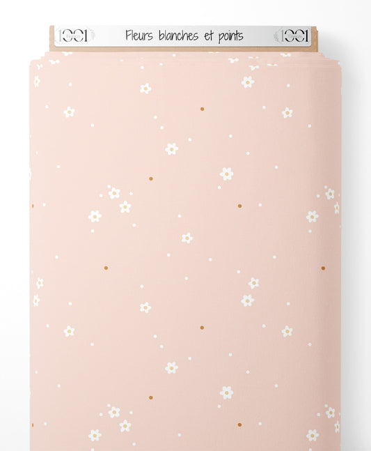 Tissu - Fleurs blanches et points