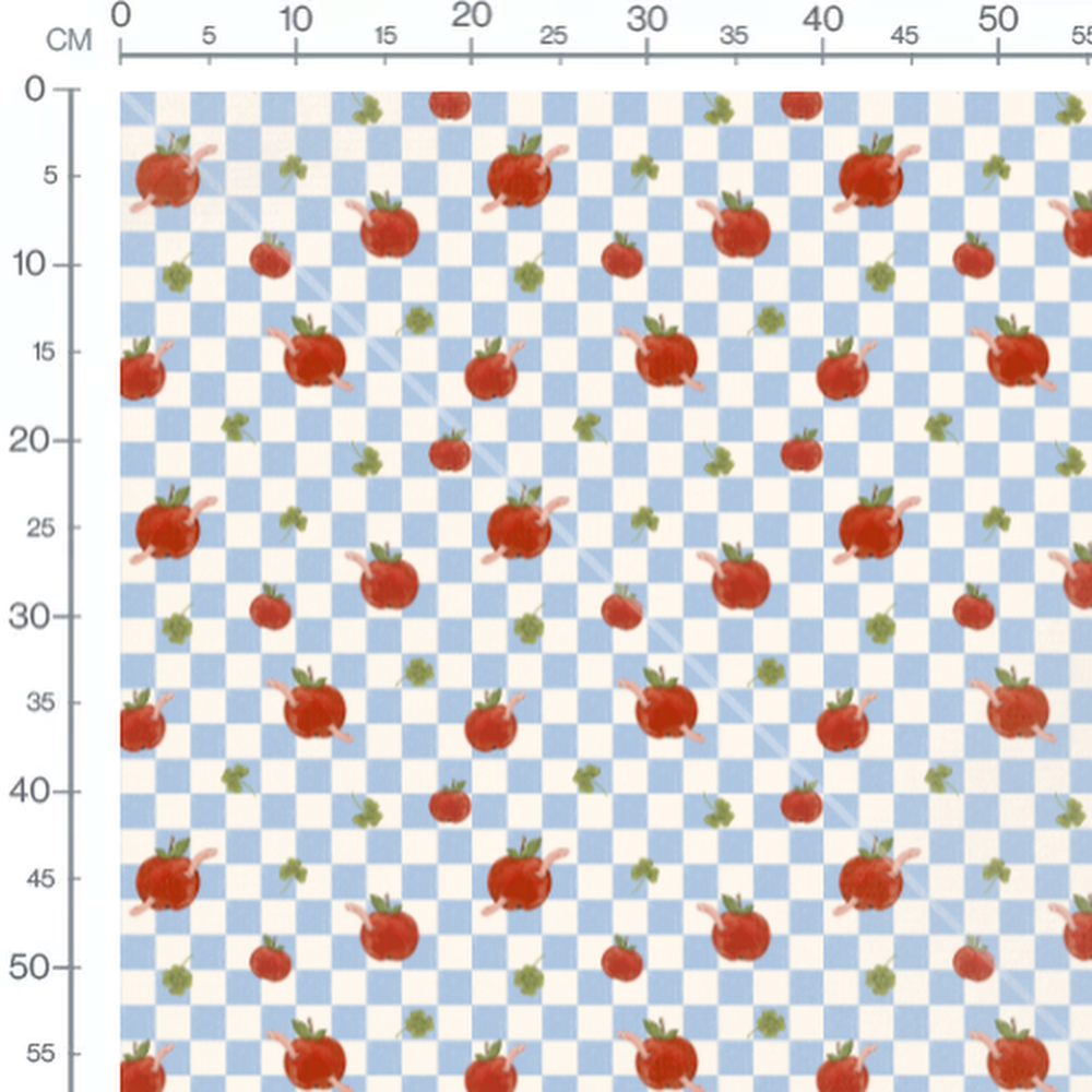 Tissu - Pommes et vers sur damier