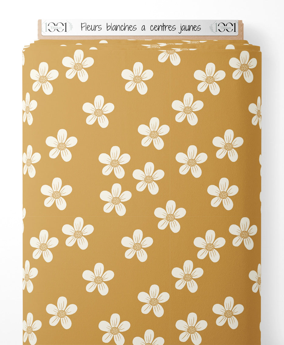 Tissu - Fleurs blanches à centres jaunes
