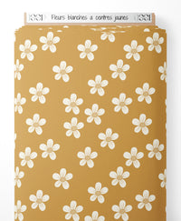 Tissu - Fleurs blanches à centres jaunes