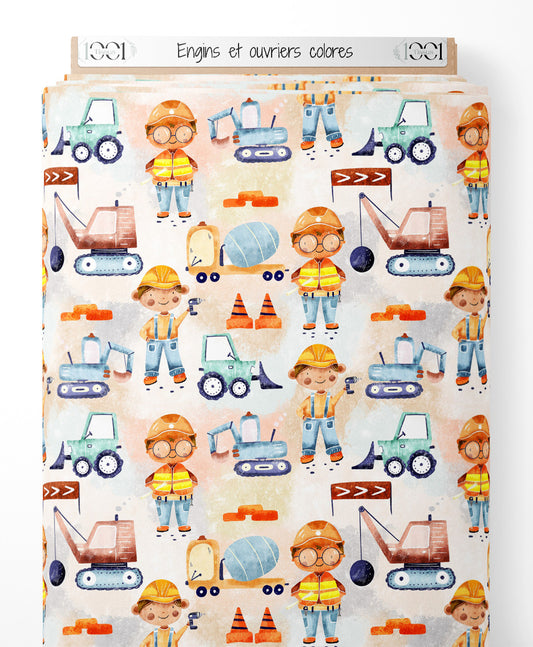 Tissu - Engins et ouvriers colorés