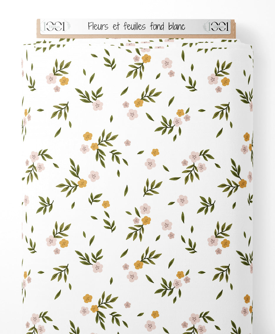 Tissu - Fleurs et feuilles sur fond blanc