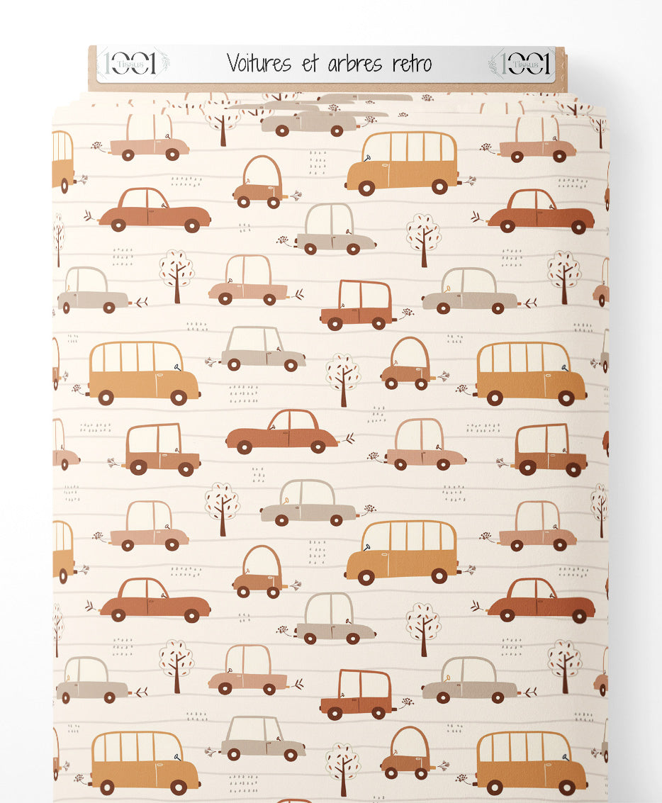 Tissu - Voitures et arbres rétro