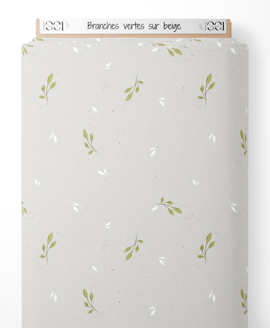 Tissu - Branches vertes sur beige