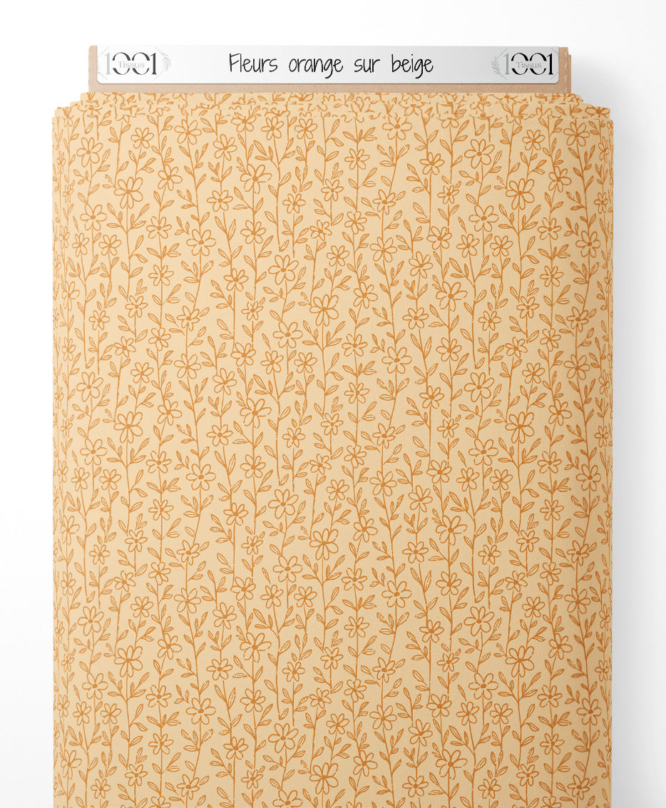 Tissu - Fleurs orange sur beige