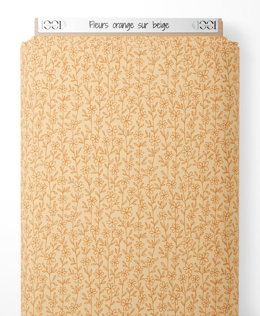 Tissu - Fleurs orange sur beige
