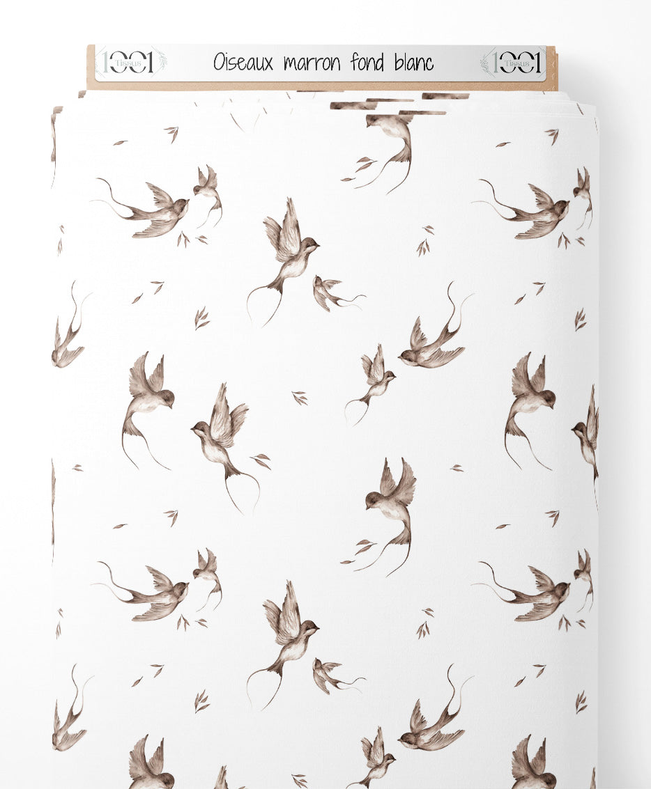 Tissu - Oiseaux marron sur fond blanc