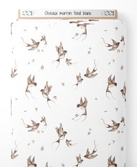 Tissu - Oiseaux marron sur fond blanc