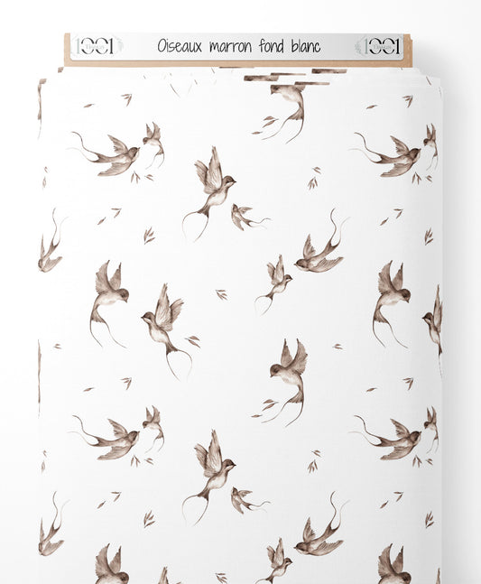 Tissu - Oiseaux marron sur fond blanc