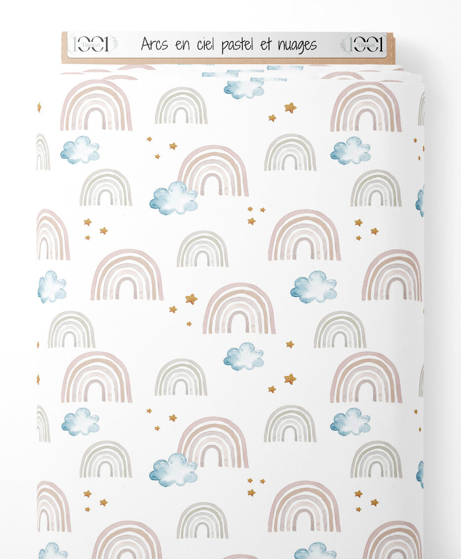 Tissu - Arcs-en-ciel pastel et nuages