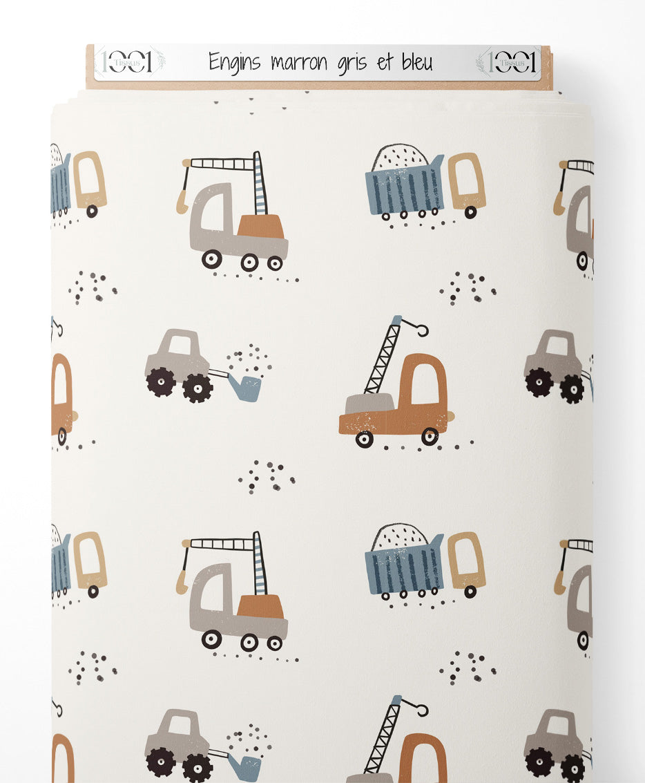 Tissu - Engins marron, gris et bleu