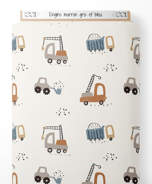 Tissu - Engins marron, gris et bleu