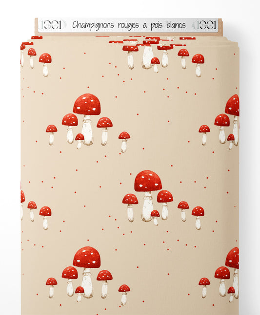 Tissu - Champignons rouges à pois blancs