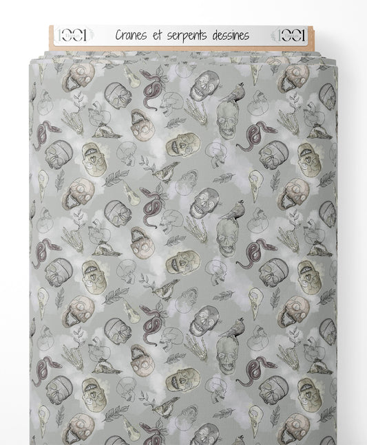 Tissu - Crânes et serpents dessinés