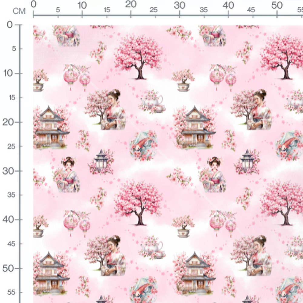 Tissu - Éléments japonais sur fond rose
