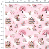 Tissu - Éléments japonais sur fond rose