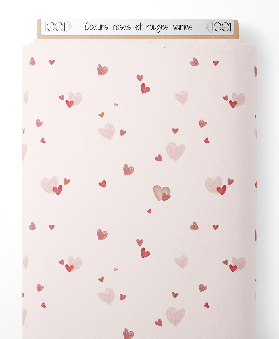 Tissu - Cœurs roses et rouges variés