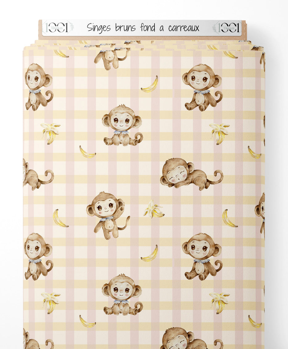 Tissu - Singes bruns sur fond à carreaux