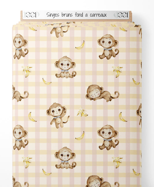 Tissu - Singes bruns sur fond à carreaux