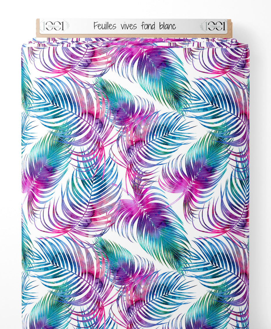 Tissu - Feuilles vives sur fond blanc