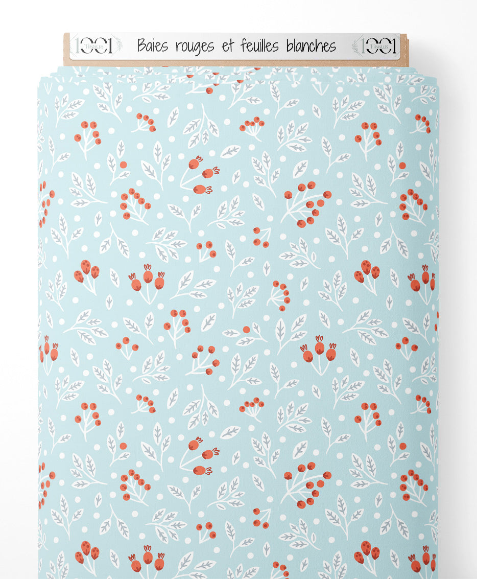 Tissu - Baies rouges et feuilles blanches