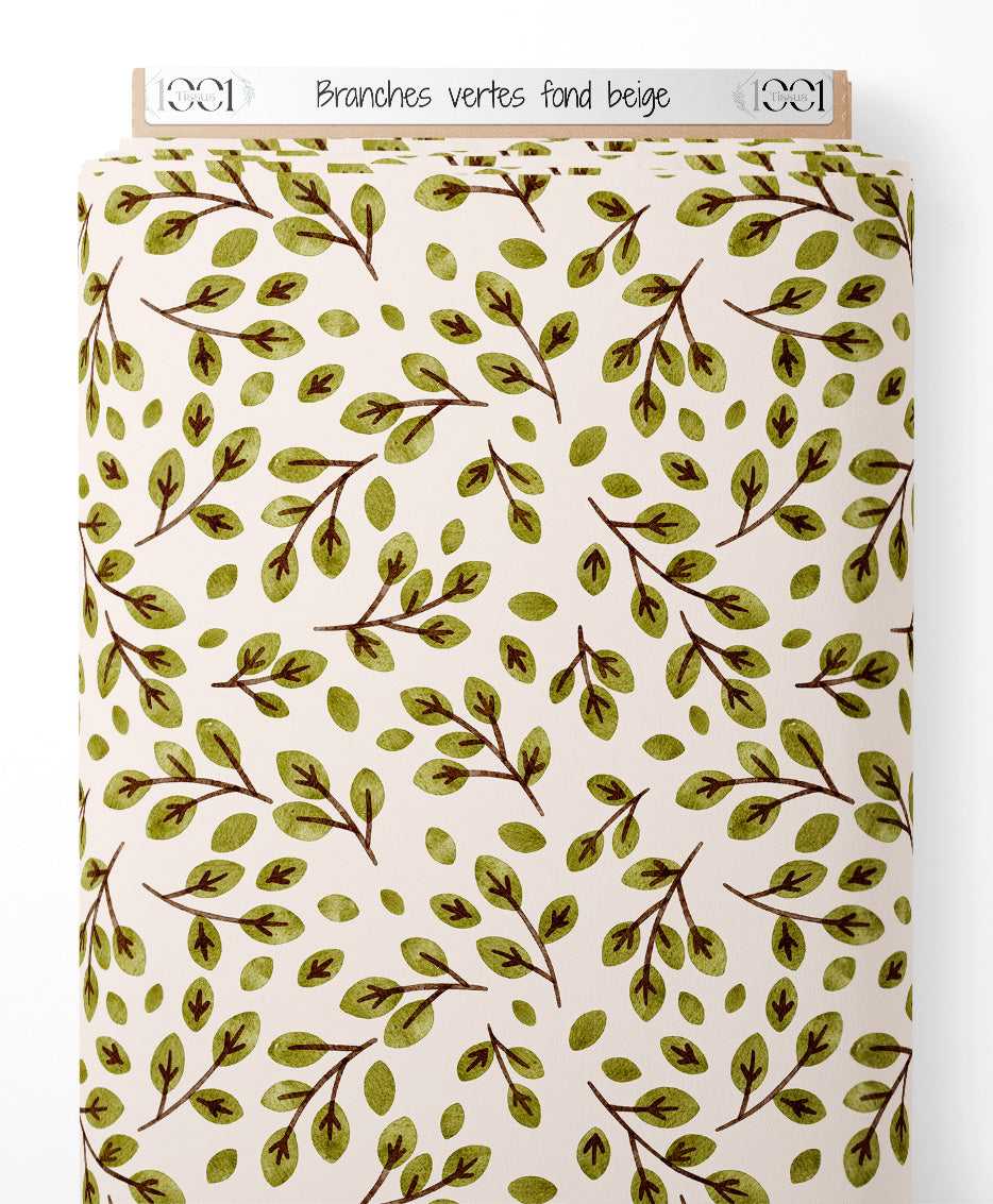 Tissu - Branches vertes sur fond beige