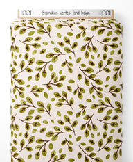 Tissu - Branches vertes sur fond beige
