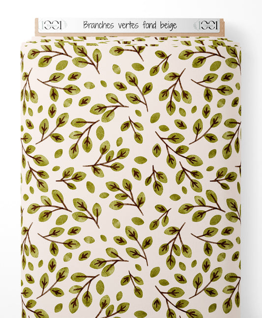 Tissu - Branches vertes sur fond beige