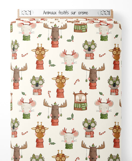 Tissu - Animaux festifs sur crème