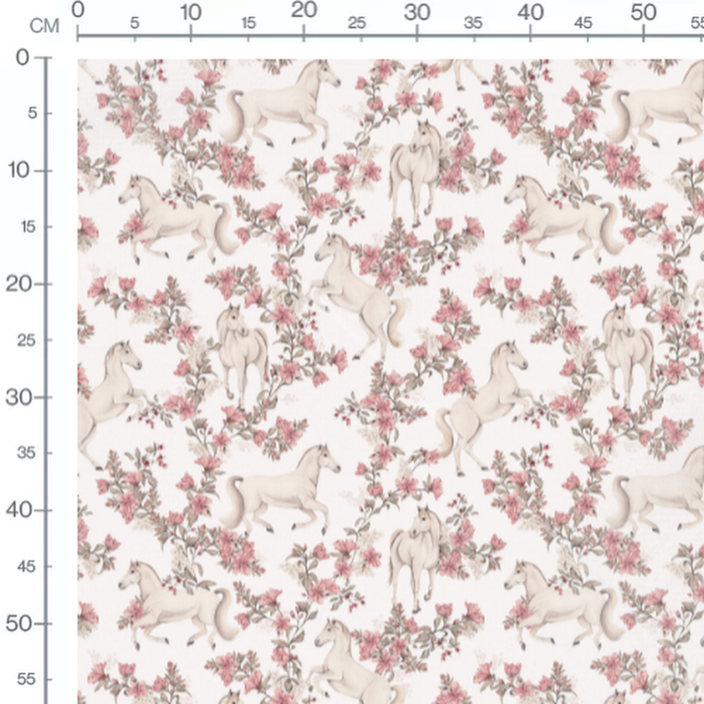 Tissu - Chevaux et fleurs sur fond blanc