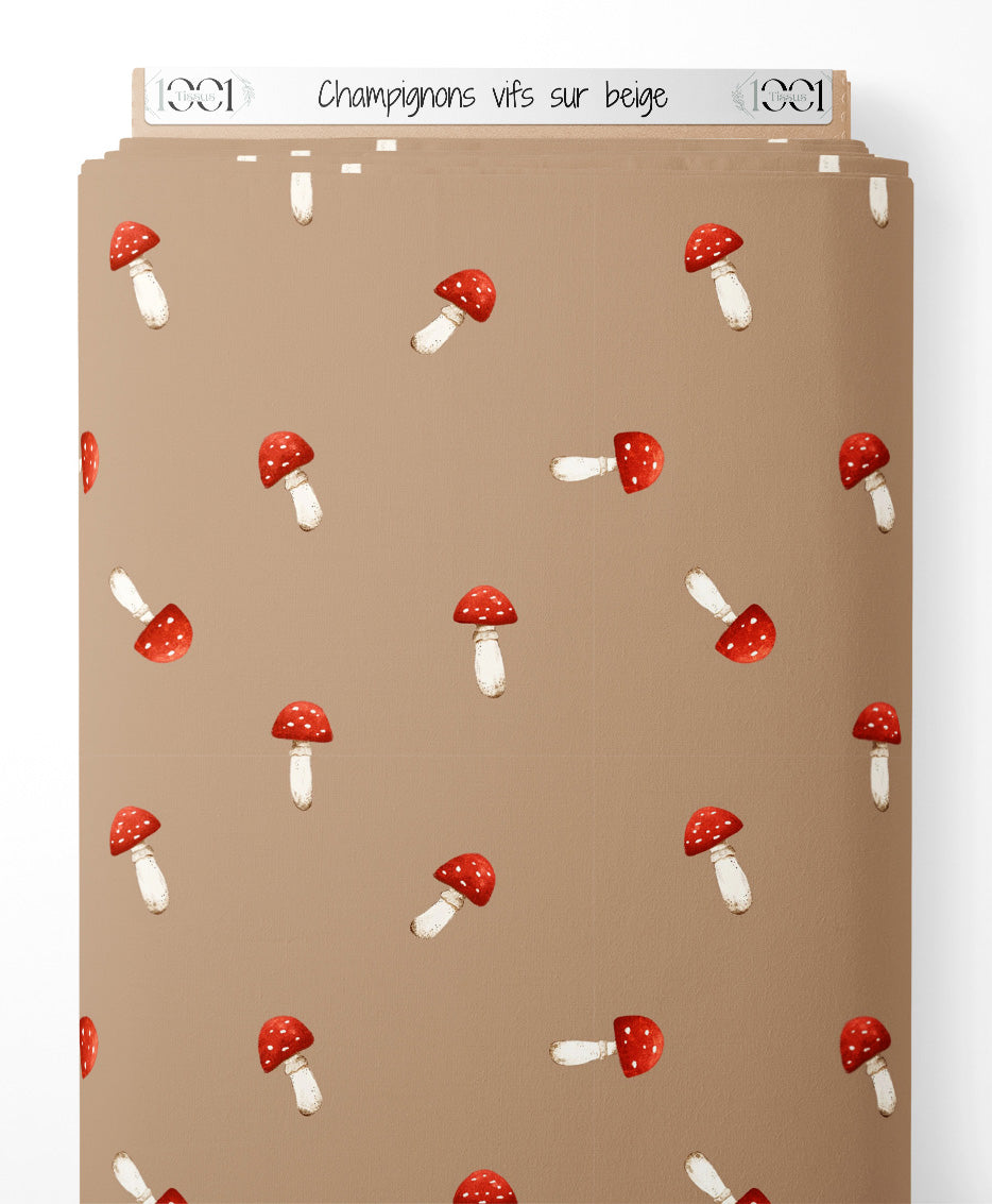 Tissu - Champignons vifs sur beige
