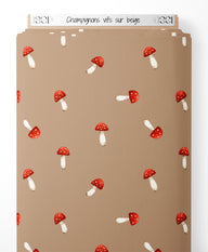 Tissu - Champignons vifs sur beige