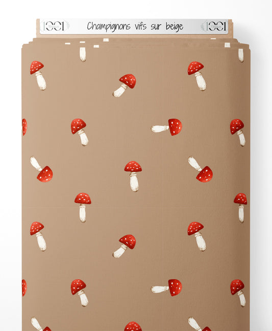 Tissu - Champignons vifs sur beige