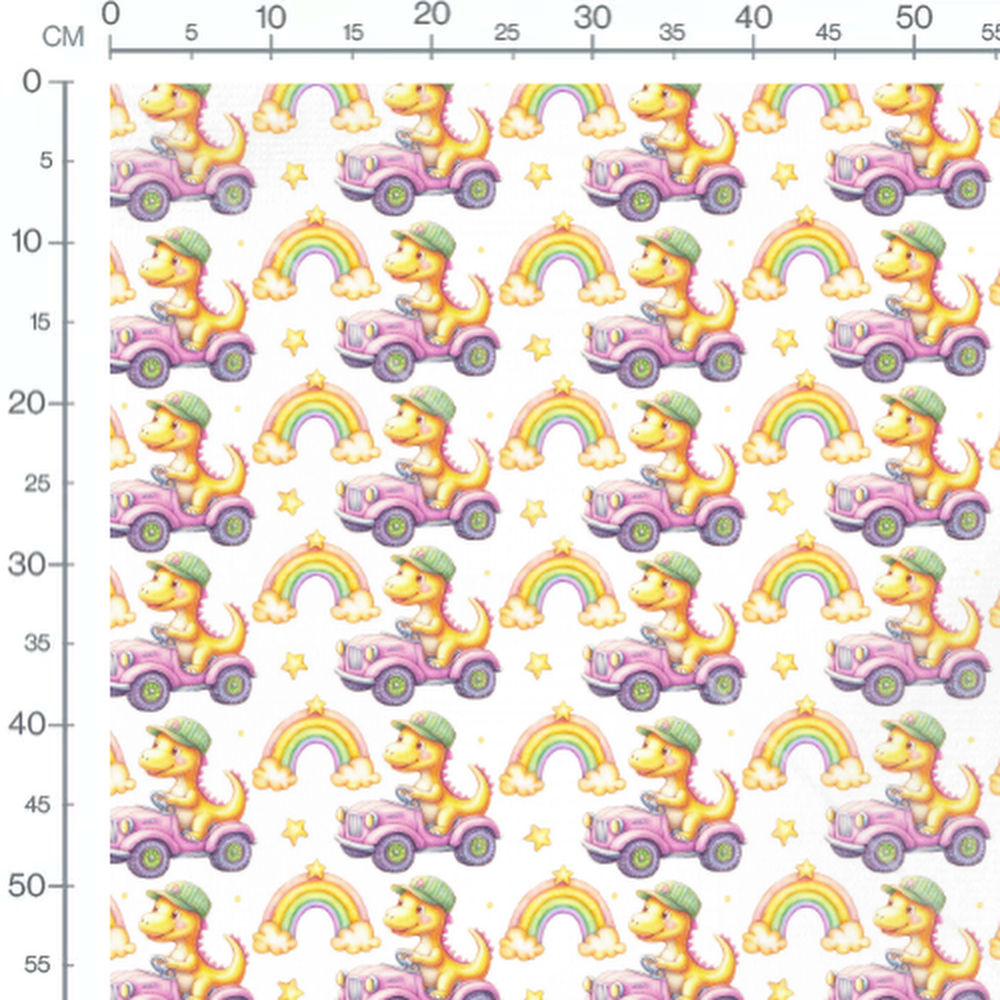 Tissu - Dinosaures en voiture rose