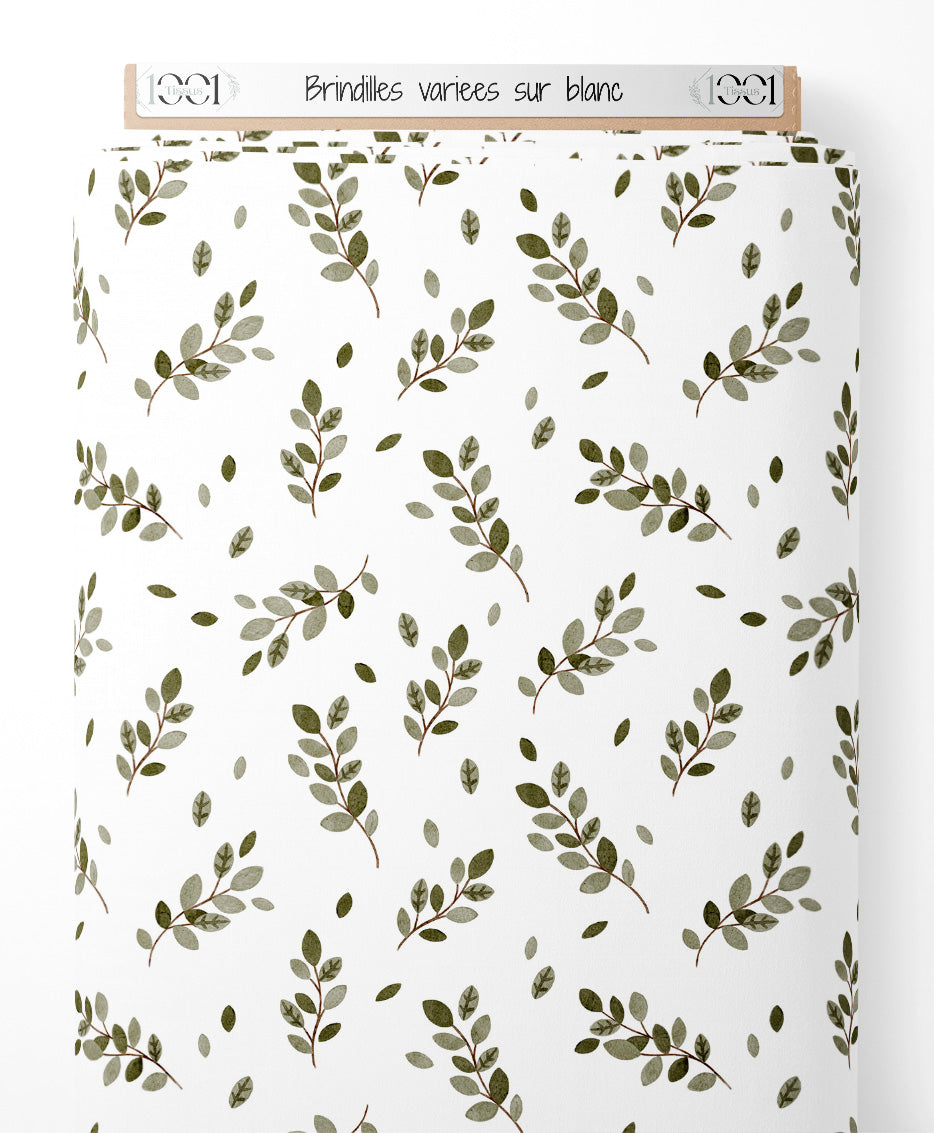 Tissu - Brindilles variées sur blanc