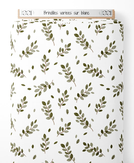 Tissu - Brindilles variées sur blanc