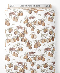 Tissu - Souris et poires sur blanc