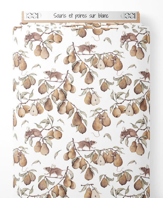 Tissu - Souris et poires sur blanc