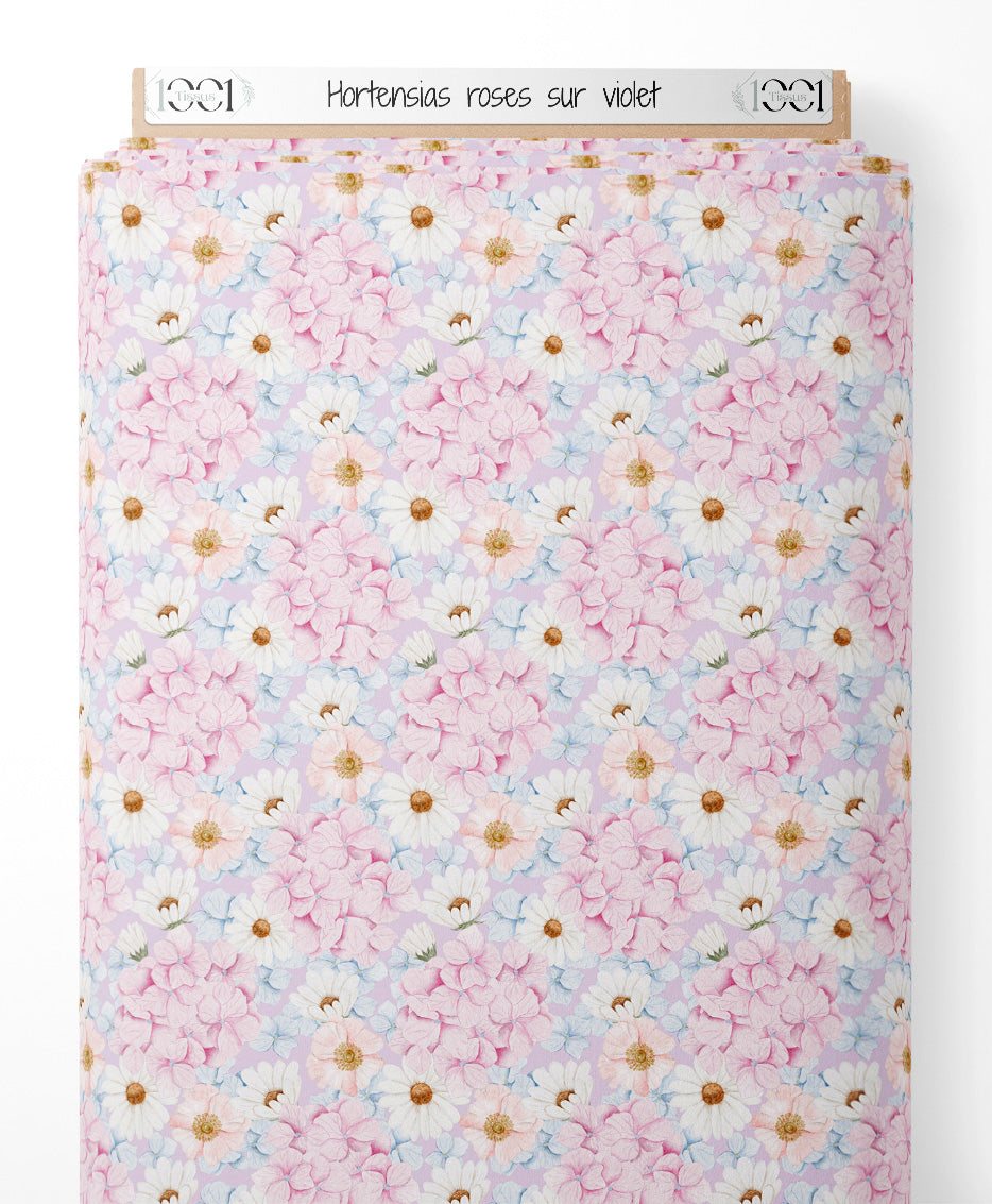 Tissu - Hortensias roses sur violet